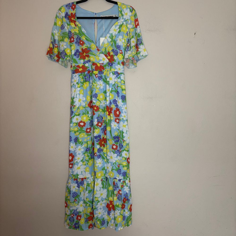 Twisted Wunder Dress Women's 8 Blue Colorful Floral Flutter Sleeve Midi Surplice
